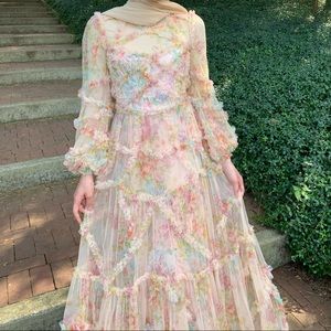 Needle & Thread floral diamond ruffle gown